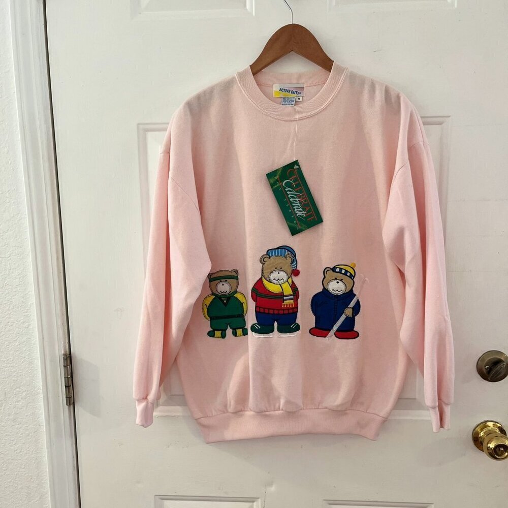 Vintage Active Duty Y2K Christmas Bear Pink Sweat Shirt Sz Med